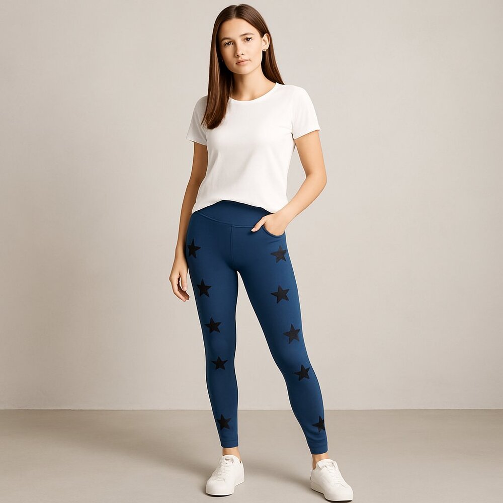 Jessica Simpson Blue Star Print Workout Leggings Zipper Pocket Stretch Pants L